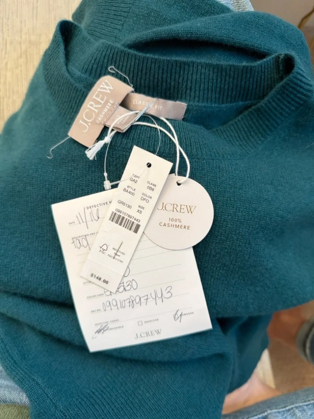 J.Crew 100% Cashmere Crewneck Sweater Teal Green Classic Fit XS NWT BA400